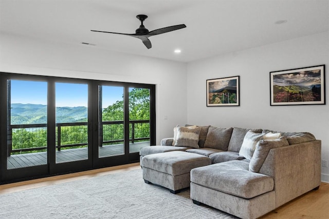 55 Steeplebush Ct, Tuckasegee, NC 28783 - living room featuring light wood-type flooring, a ceiling fan, recessed lighting, and a mountain view