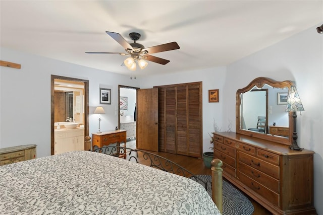 230 Jersey Trl Unit 12, Sapphire, NC 28774 - bedroom with wood finished floors, a closet, a ceiling fan, and ensuite bath