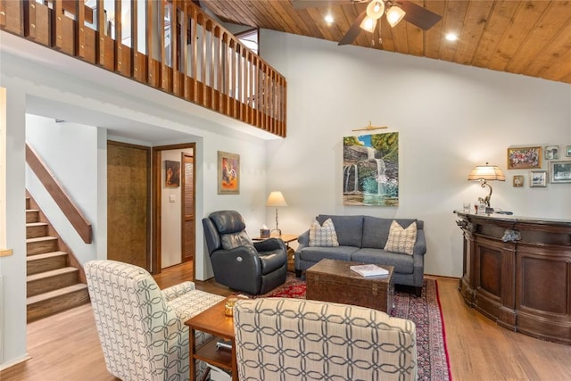 230 Jersey Trl Unit 12, Sapphire, NC 28774 - living area featuring a ceiling fan, wood finished floors, stairway, high vaulted ceiling, and wood ceiling