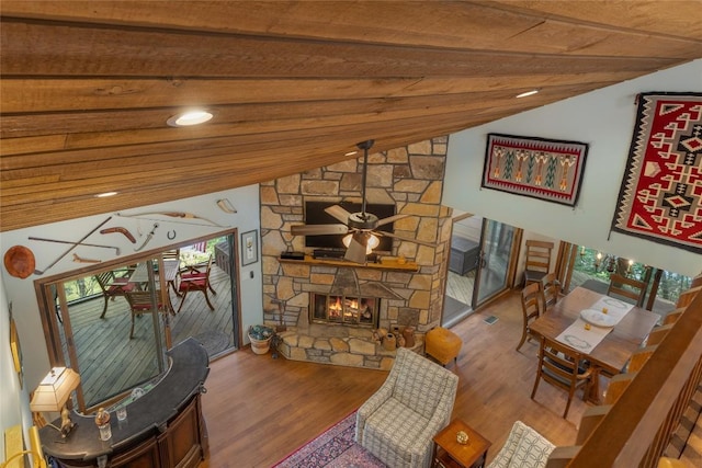 230 Jersey Trl Unit 12, Sapphire, NC 28774 - living room with lofted ceiling, ceiling fan, a fireplace, wood finished floors, and recessed lighting