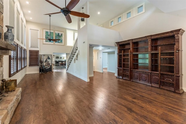 314 Beckonridge Trl, Sapphire, NC 28774 - living area with ceiling fan, wood finished floors, stairway, a high ceiling, and recessed lighting