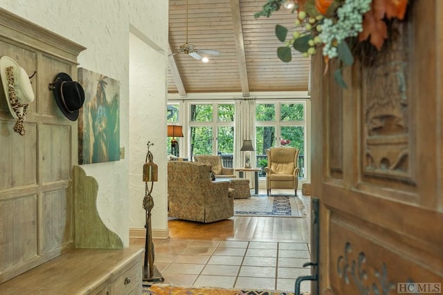 interior space featuring ceiling fan, lofted ceiling with beams, and wooden ceiling