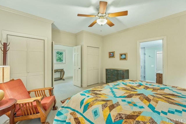 bedroom with ceiling fan, ornamental molding, and light carpet