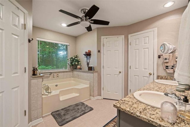 546 Upsy Daisy Ln, Cullowhee, NC 28723 - bathroom featuring a bath, double vanity, ceiling fan, recessed lighting, and tile patterned floors