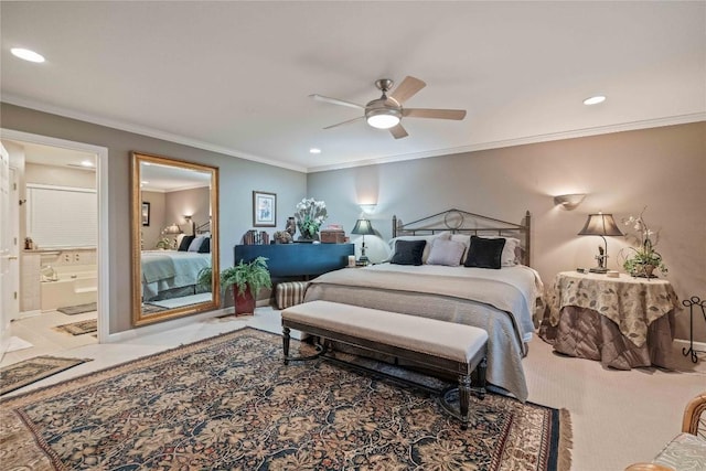 546 Upsy Daisy Ln, Cullowhee, NC 28723 - bedroom featuring recessed lighting, ensuite bath, ornamental molding, and ceiling fan