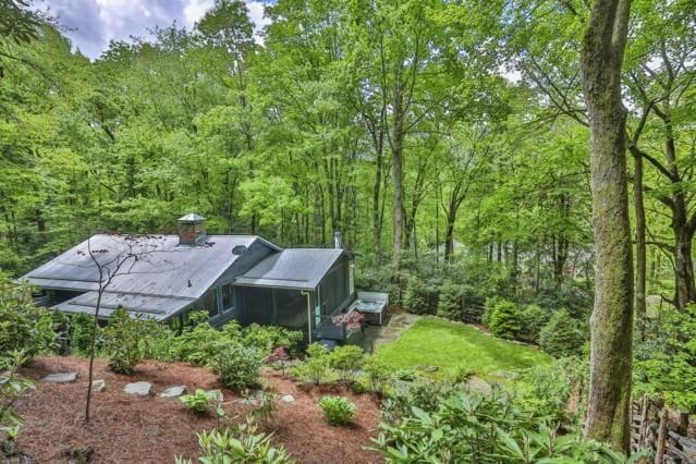 exterior space with a wooded view