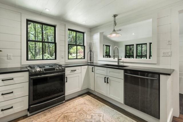 kitchen featuring stainless steel gas stove, a healthy amount of sunlight, dishwasher, and a sink