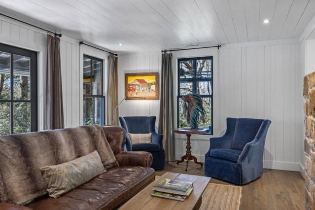 living area with wood walls, plenty of natural light, wood finished floors, and wood ceiling
