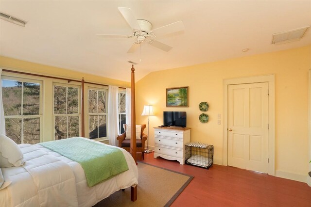 53 Rocky Top Dr, Cashiers, NC 28717 - bedroom featuring wood finished floors, baseboards, lofted ceiling, and ceiling fan