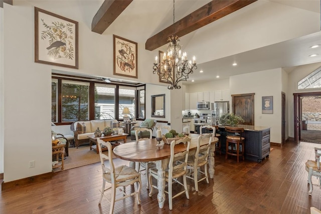 dining space with beamed ceiling, a healthy amount of sunlight, high vaulted ceiling, and dark wood-style flooring