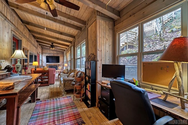 office with wood ceiling, vaulted ceiling with beams, wood walls, and light hardwood / wood-style flooring