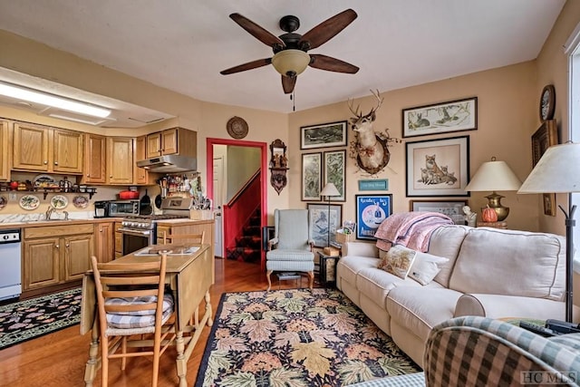 interior space featuring ceiling fan, light hardwood / wood-style flooring, and sink