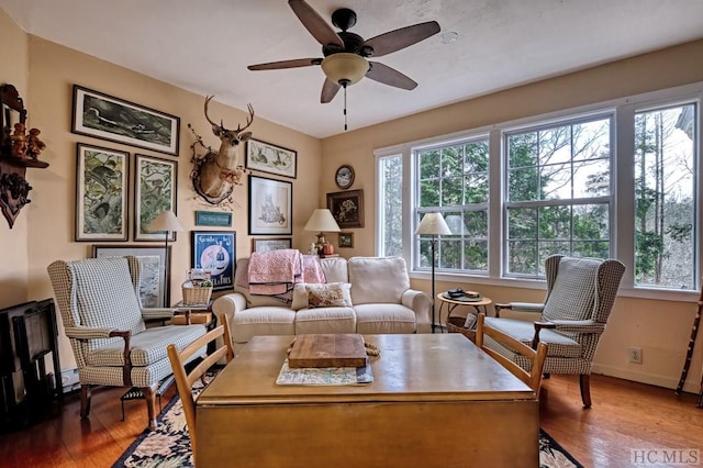 living room with ceiling fan and wood-type flooring