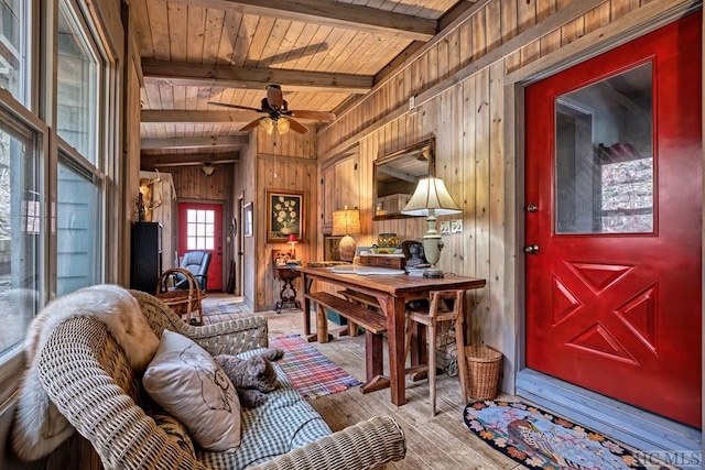 interior space with wood ceiling, beam ceiling, light hardwood / wood-style floors, and wood walls