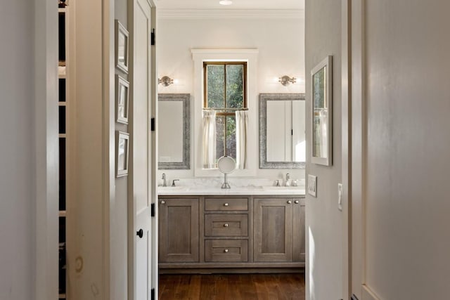 542 Cross Creek Trl, Cullowhee, NC 28723 - full bathroom with ornamental molding, wood finished floors, and double vanity