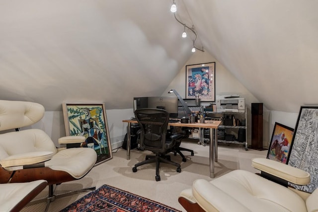 542 Cross Creek Trl, Cullowhee, NC 28723 - office area featuring vaulted ceiling, carpet flooring, and track lighting