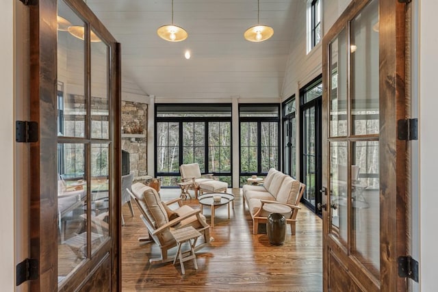 542 Cross Creek Trl, Cullowhee, NC 28723 - sunroom with french doors, wood finished floors, and lofted ceiling
