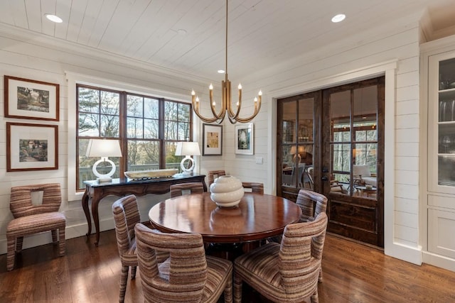 542 Cross Creek Trl, Cullowhee, NC 28723 - dining area with wood finished floors, a chandelier, recessed lighting, ornamental molding, and wooden walls