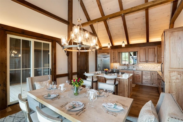 dining space with dark wood-style flooring, a notable chandelier, high vaulted ceiling, wooden ceiling, and beamed ceiling