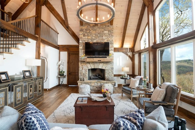 living room featuring an inviting chandelier, wood finished floors, beamed ceiling, high vaulted ceiling, and wooden ceiling