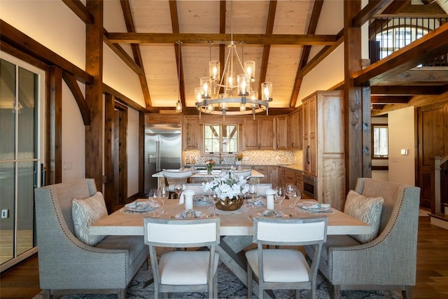 dining area with dark wood-style flooring, a notable chandelier, beam ceiling, plenty of natural light, and wooden ceiling