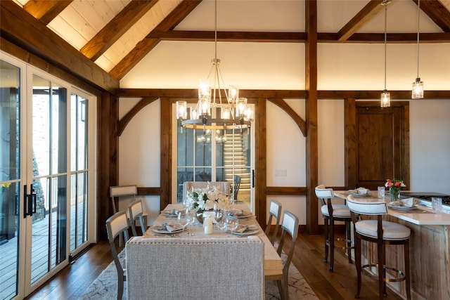 dining room featuring a healthy amount of sunlight, vaulted ceiling with beams, dark wood finished floors, and a notable chandelier