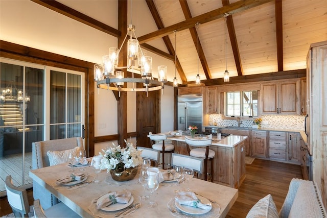 dining area with an inviting chandelier, stairs, beamed ceiling, high vaulted ceiling, and dark wood finished floors