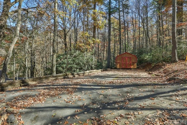 view of yard featuring a storage unit