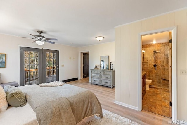 bedroom with access to exterior, light hardwood / wood-style flooring, ceiling fan, and ensuite bathroom