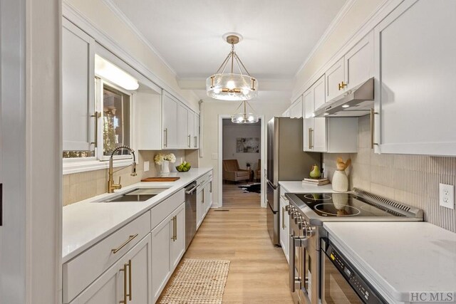 kitchen featuring sink, appliances with stainless steel finishes, white cabinetry, hanging light fixtures, and ornamental molding