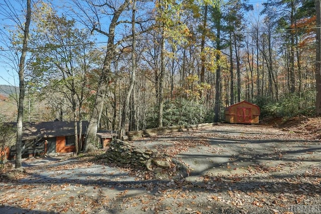 view of yard featuring a storage shed