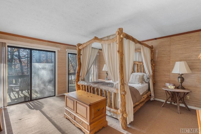 bedroom with ornamental molding, light colored carpet, access to exterior, and a textured ceiling