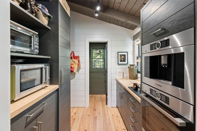 42 W Black Rock Cir, Highlands, NC 28741 - kitchen with appliances with stainless steel finishes, wood ceiling, light wood-style flooring, wooden counters, and gray cabinetry