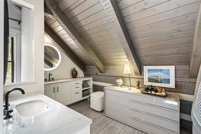42 W Black Rock Cir, Highlands, NC 28741 - full bathroom with two vanities, a wooden ceiling with exposed beams, wood finished floors, and wood walls