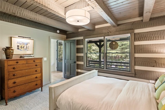 42 W Black Rock Cir, Highlands, NC 28741 - bedroom featuring light colored carpet and a wooden ceiling with exposed beams