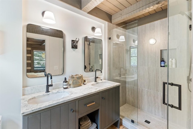 42 W Black Rock Cir, Highlands, NC 28741 - full bathroom with double vanity, a shower stall, and beamed ceiling
