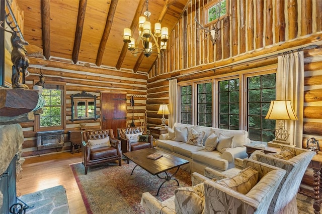 150 Cullasaja Dr, Highlands, NC 28741 - living area featuring wood ceiling with exposed beams, high vaulted ceiling, wood finished floors, log walls, and a chandelier
