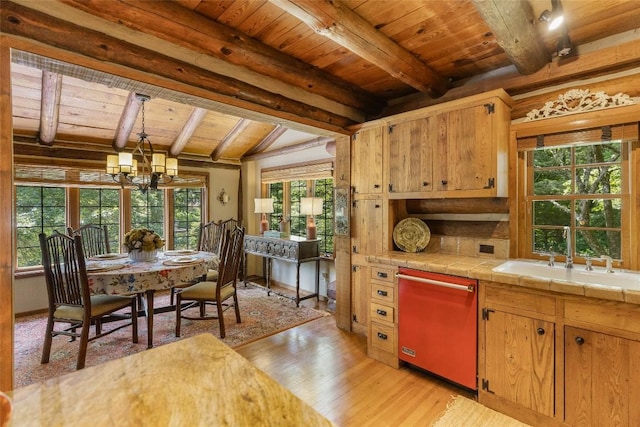150 Cullasaja Dr, Highlands, NC 28741 - kitchen featuring dishwasher, wooden ceiling, tile countertops, a chandelier, and light wood finished floors
