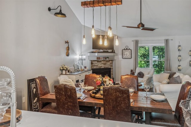 27 Dwarf Mountain Rd Unit 23Un, Sapphire, NC 28774 - dining area with a fireplace, ceiling fan, and high vaulted ceiling