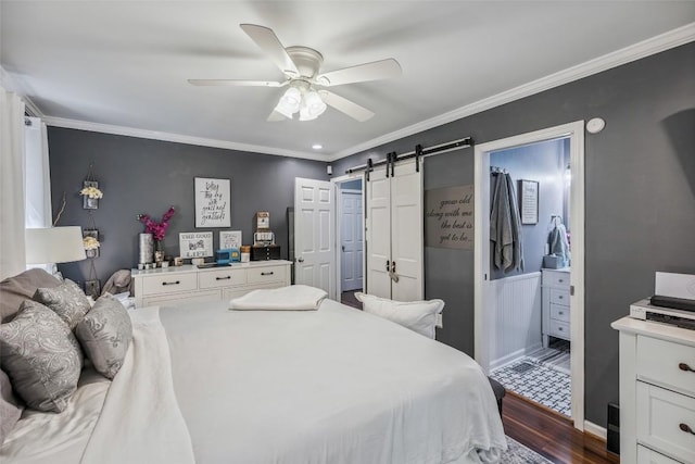 27 Dwarf Mountain Rd Unit 23Un, Sapphire, NC 28774 - bedroom featuring a barn door, dark wood finished floors, ornamental molding, and ceiling fan
