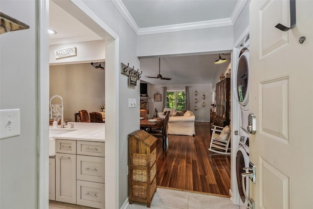 27 Dwarf Mountain Rd Unit 23Un, Sapphire, NC 28774 - tiled entrance foyer with stacked washer / drying machine, ceiling fan, and crown molding