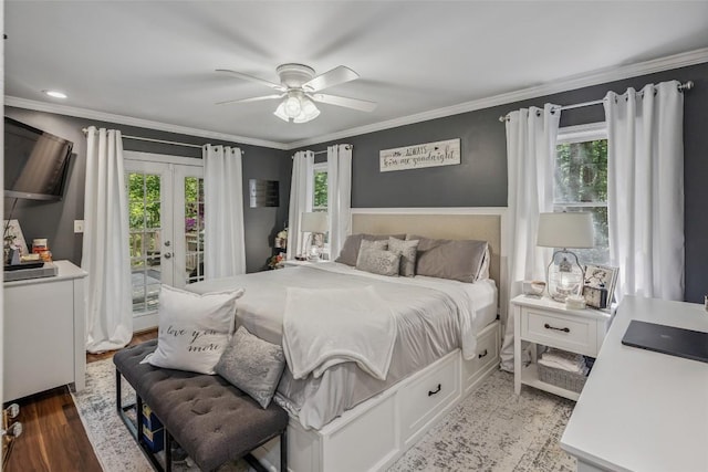 27 Dwarf Mountain Rd Unit 23Un, Sapphire, NC 28774 - bedroom featuring access to exterior, french doors, crown molding, ceiling fan, and light wood-style flooring
