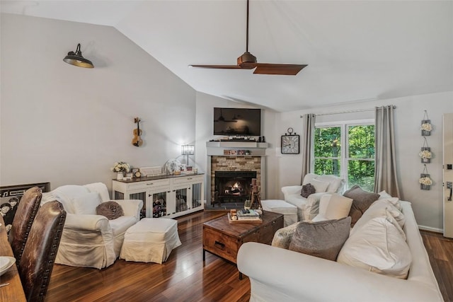 27 Dwarf Mountain Rd Unit 23Un, Sapphire, NC 28774 - living room with lofted ceiling, wood finished floors, a ceiling fan, and a stone fireplace