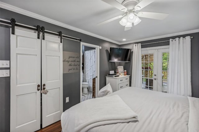 27 Dwarf Mountain Rd Unit 23Un, Sapphire, NC 28774 - bedroom with access to exterior, ornamental molding, ensuite bathroom, a barn door, and a ceiling fan