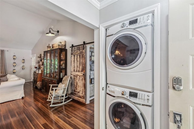 27 Dwarf Mountain Rd Unit 23Un, Sapphire, NC 28774 - laundry area with stacked washer / dryer, wood finished floors, a barn door, and crown molding