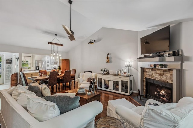 27 Dwarf Mountain Rd Unit 23Un, Sapphire, NC 28774 - living room featuring lofted ceiling, wood finished floors, and a fireplace