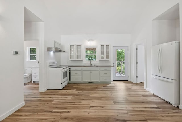 185 Little Elbow Mountain Rd, Lake Toxaway, NC 28747 - kitchen with white appliances, under cabinet range hood, light wood-style floors, and white cabinets