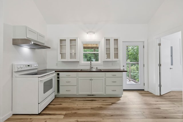 185 Little Elbow Mountain Rd, Lake Toxaway, NC 28747 - kitchen featuring white range with electric stovetop, range hood, dark countertops, glass insert cabinets, and light wood-type flooring