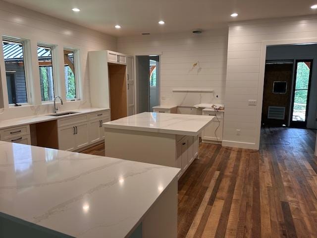 298 Pine Forest Rd, Sapphire, NC 28774 - kitchen with light stone counters, healthy amount of natural light, white cabinets, dark wood-style floors, and recessed lighting