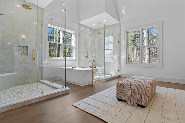 343 Ledgeview Rd, Cashiers, NC 28717 - full bath featuring a shower stall, a freestanding bath, wood finished floors, a high ceiling, and baseboards